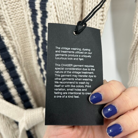 NWT CHASER Cream Navy Blue Chunky Cable Knit Waist Tie Cardigan Sweater Small - Picture 8 of 9